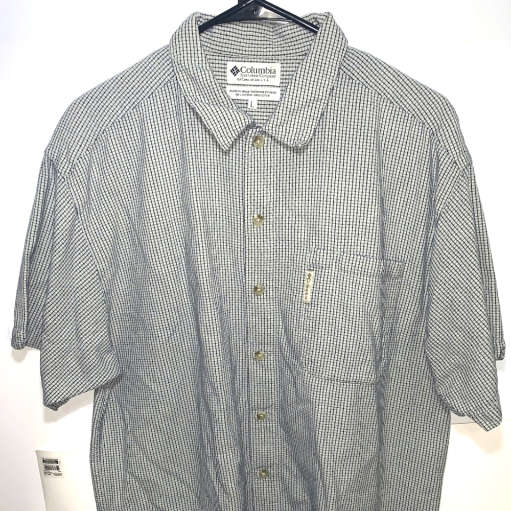 Columbia Mens L Large Button Down Plaid Striped Short Sleeve White Blue Shirt